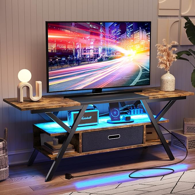 Bestier TV Stand for Living Room, LED Entertainment Center with Power Outlets, Farmhouse TV Stand 55 Inch for TV up to 65 Inch for bedroom, Gaming TV Console Table with Storage, Rustic Brown - LeafyLoom