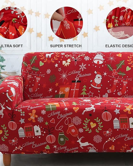 Mybedsoul Christmas Printed Sofa Cover Santa Claus Elastic Couch Cover Machine Washable Christmas Theme Red Sofa Slipcover for Living Room(2 Seater/Loveseat) Mybedsoul