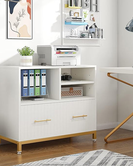 White Lateral File Cabinet with Drawer, 35.4" Modern Filing Cabinet with Adjustable Hanging Rod for Legal/Letter/A4 Size Files, Wood Printer Stand with Open Storage Spaces for Home Office - LeafyLoom