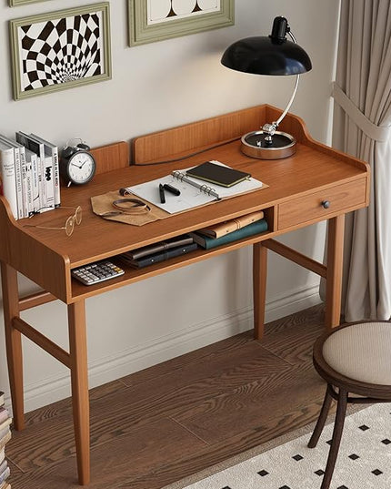 Vintage-style Desk with Scandinavian Flair, Computer or Laptop Desk, Writing Desk with Drawer and Open Storage Cubby, Small Space Dressing Table. - LeafyLoom