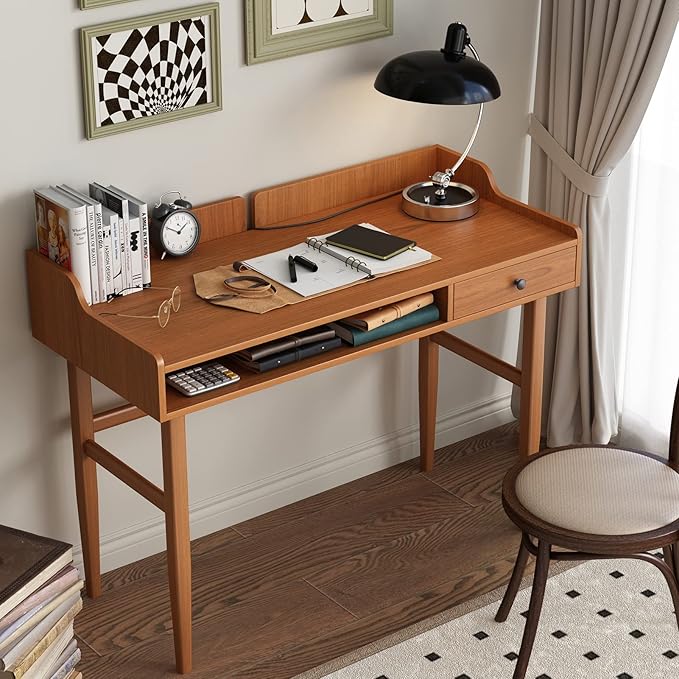 Vintage-style Desk with Scandinavian Flair, Computer or Laptop Desk, Writing Desk with Drawer and Open Storage Cubby, Small Space Dressing Table. - LeafyLoom