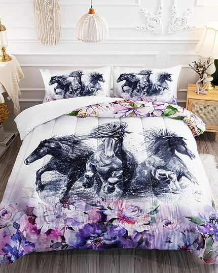 Kid Galloping Horse Comforter Set Room Purple Floral Animal Theme Handsome Horse Bedding Set for Boys Girls Adult, 1 Comforter + 2 Pillowcases - LeafyLoom