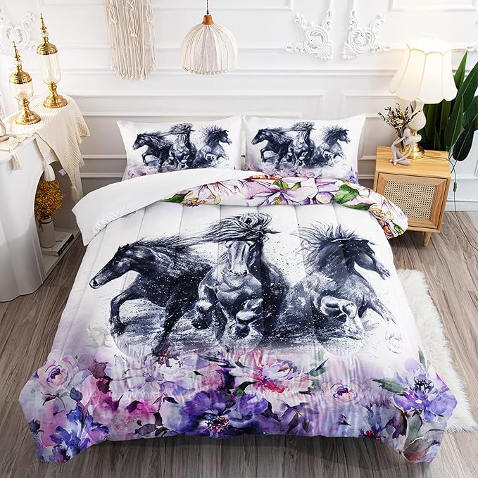 Kid Galloping Horse Comforter Set Room Purple Floral Animal Theme Handsome Horse Bedding Set for Boys Girls Adult, 1 Comforter + 2 Pillowcases - LeafyLoom