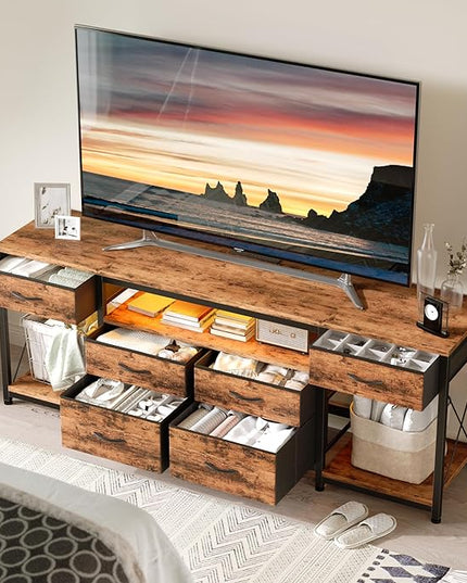 LED TV Stand with Power Outlet and 6 Fabric Drawers for 55 60 65 Inch TVs, Entertainment Center with Media Console and Open Storage Shelves, Dresser TV Stand for Bedroom/Living Room,Brown - LeafyLoom