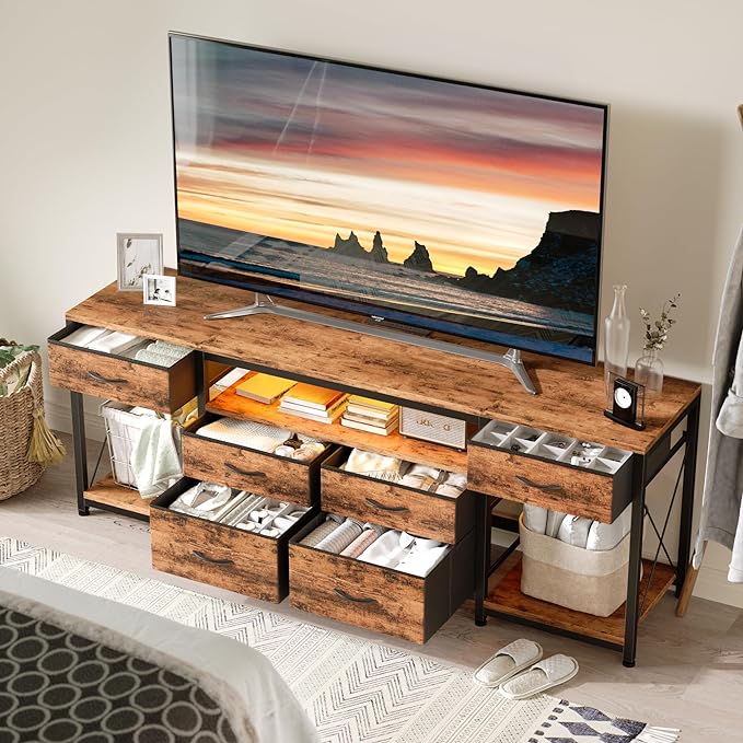 LED TV Stand with Power Outlet and 6 Fabric Drawers for 55 60 65 Inch TVs, Entertainment Center with Media Console and Open Storage Shelves, Dresser TV Stand for Bedroom/Living Room,Brown - LeafyLoom