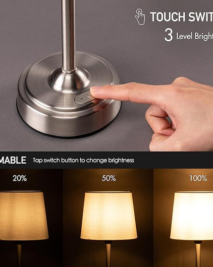 O’Bright Seraph - Cordless LED Table Lamp with Dimmer, Built-in Rechargeable Battery, 3-Level Brightness, Patio Table Lamp, Bedside Night Lamp, Ambient Light for Restaurant, Brushed Nickel - LeafyLoom
