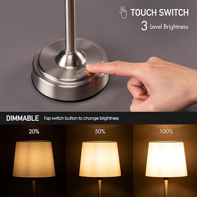 O’Bright Seraph - Cordless LED Table Lamp with Dimmer, Built-in Rechargeable Battery, 3-Level Brightness, Patio Table Lamp, Bedside Night Lamp, Ambient Light for Restaurant, Brushed Nickel - LeafyLoom