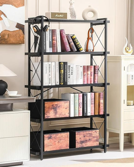 HCHQHS Bookshelf, 5-Tier Industrial Bookcase, Black Open Book Shelf, Freestanding Tall Bookshelves with Metal Frame - LeafyLoom