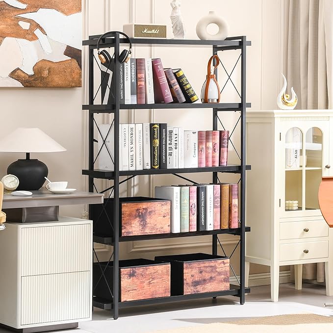 HCHQHS Bookshelf, 5-Tier Industrial Bookcase, Black Open Book Shelf, Freestanding Tall Bookshelves with Metal Frame - LeafyLoom