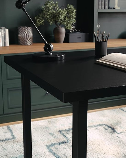 Martha Stewart Beckett Modern Trestle Desk with Open Side Shelving in Black Wood Grain Finish - LeafyLoom