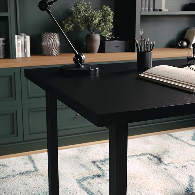 Martha Stewart Beckett Modern Trestle Desk with Open Side Shelving in Black Wood Grain Finish - LeafyLoom