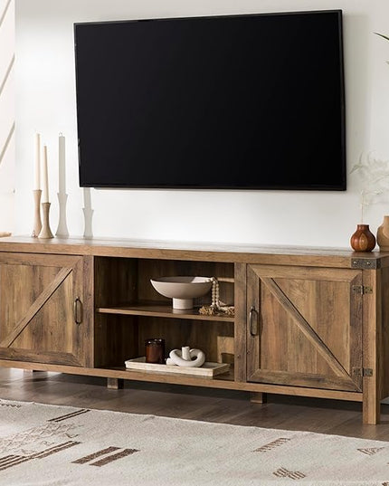 Walker Edison Georgetown Modern Farmhouse Double Barn Door TV Stand for TVs up to 80 Inches, 70 Inch, Rustic Oak, Without Fireplace, 15.75 x 70 x 24 inches - LeafyLoom