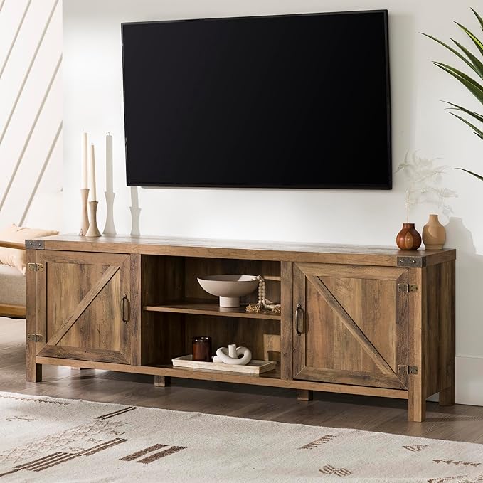 Walker Edison Georgetown Modern Farmhouse Double Barn Door TV Stand for TVs up to 80 Inches, 70 Inch, Rustic Oak, Without Fireplace, 15.75 x 70 x 24 inches - LeafyLoom