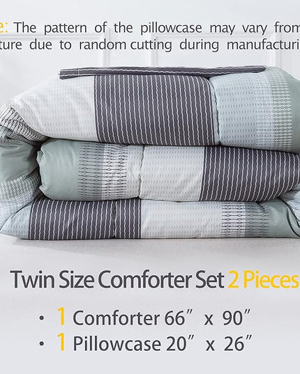 Andency Stripe Comforter Set Twin Size (66x90 Inch), 2 Pieces Mint Green Patchwork Striped Comforter, Soft Microfiber Down Alternative Comforter Bedding Set with Corner Loops (Mint, White, Grey) - LeafyLoom