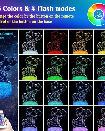 Dog Night Light 3D Illusion Lamp Kids Bedside Lamp 16 Color Change Decor Lamp with Remote & Smart Touch, Gifts for Christmas Birthday Boys Men Girls - LeafyLoom