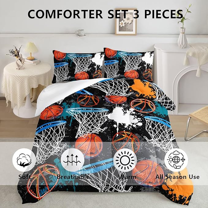 Axolotl Basketball Comforter Set Queen,Sports Comforter Set,Basketball Bedding Set,Sports Theme Comforter Set,Grunge Bedding Aesthetic Cool Style for Boys Kids Men,1 Quilt 2 Pillowcases,Black Blue - LeafyLoom