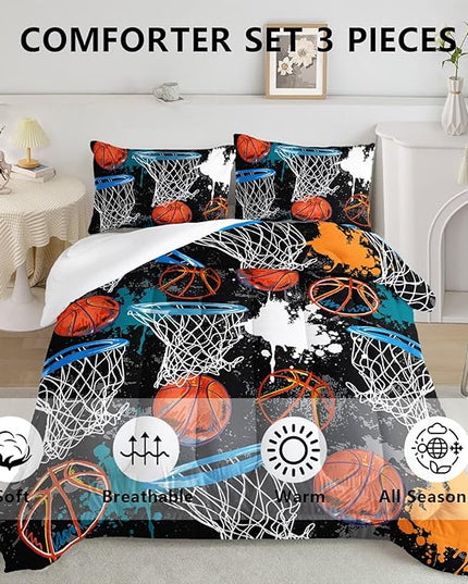 Axolotl Basketball Comforter Set Twin,Sports Comforter Set,Basketball Bedding Set,Sports Theme Comforter Set,Grunge Bedding Aesthetic Cool Style for Boys Kids Men,1 Quilt 2 Pillowcases,Black Blue - LeafyLoom