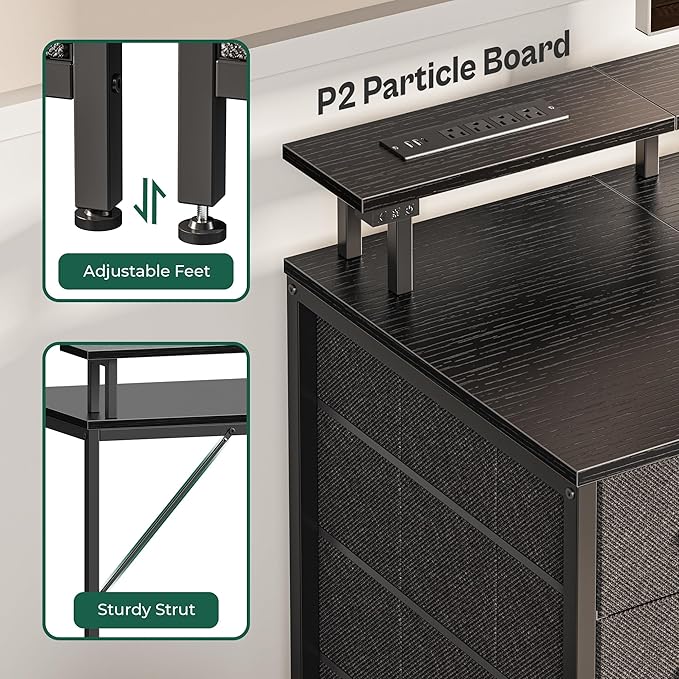 47 Inch Computer Desk with Power Outlets and LED Lights, Gaming Desk with 4 Drawers, Office Desk with Monitor Stand, Study Desk Work Desk for Home Office, Small Spaces, Black - LeafyLoom
