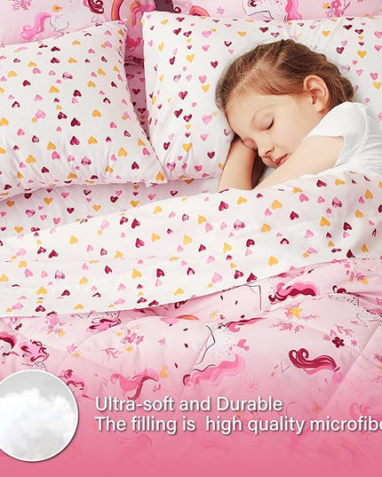 Twin Unicorn Kids Bedding Set for Girls, 7 Pieces Super Soft Lightweight Microfiber Comforter Set with Sheets, Bed in a Bag, Durable Children Bed Set - LeafyLoom