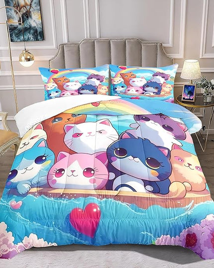 Cat Bedding Set Queen Size - Cute Girls Bedding Cat Comforter Set for Kids Teens Girls Cartoon Animal Print Cat Quilt Soft Breathable Kid Comforter Set, 1 Comforter 2 Pillowcase - LeafyLoom
