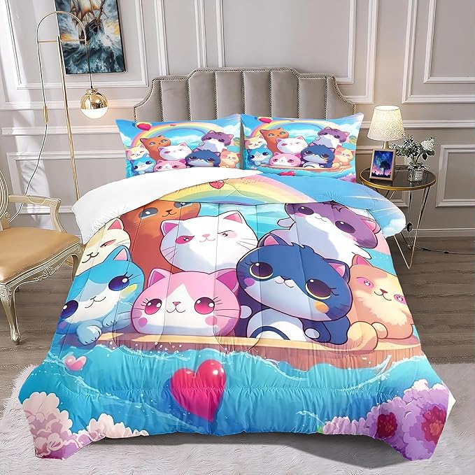 Cat Bedding Set Queen Size - Cute Girls Bedding Cat Comforter Set for Kids Teens Girls Cartoon Animal Print Cat Quilt Soft Breathable Kid Comforter Set, 1 Comforter 2 Pillowcase - LeafyLoom
