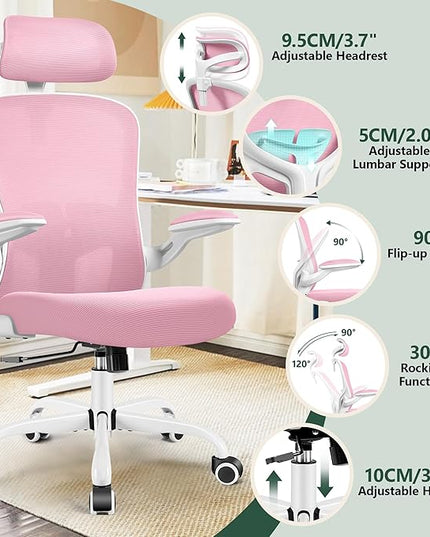 FelixKing Premium Ergonomic Office Chair with Adjustable Headrest, Thickened 90° Flip Armrests, and Lumbar Support – Height Adjustable | Ideal for Home Office Desks and Workstations | Pink - LeafyLoom