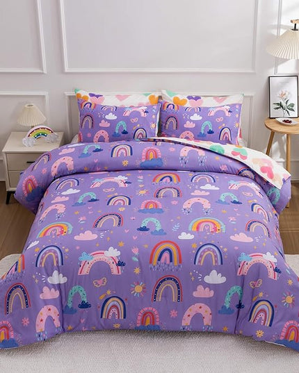 Btargot Lightweight Soft 3 Piece Rainbow Comforter Set with 2 Pillow Covers, Cartoon Love Hearts Flowers and Sun Star Bedding Set for Girls Boys Kids, Queen Dark Purple - LeafyLoom