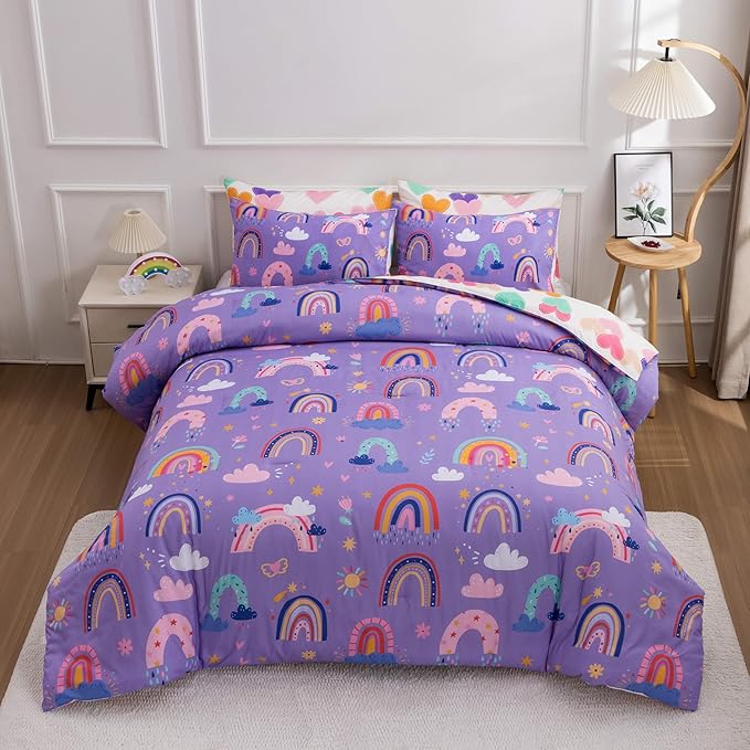 Btargot Lightweight Soft 3 Piece Rainbow Comforter Set with 2 Pillow Covers, Cartoon Love Hearts Flowers and Sun Star Bedding Set for Girls Boys Kids, Twin Dark Purple - LeafyLoom