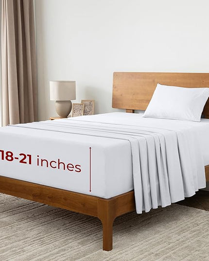 Mellanni Extra Deep Twin Sheets - 3 PC Iconic Collection Bedding Sheets & Pillowcases - Hotel Luxury, Ultra Soft, Cooling Bed Sheets - Extra Deep Pocket up to 21 inch (Twin, White) - LeafyLoom