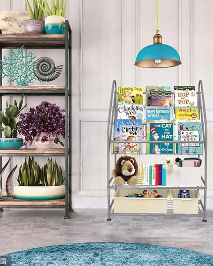 aboxoo Metal Kids Bookshelf Grey Toy Chests & Organizers Large Freestanding for Children Toy Chests & OrganizersRoom 25 in Toy Organizer Large Stable Bookcase Bookstore Library Bed Living Room - LeafyLoom