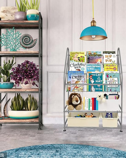 aboxoo Metal Kids Bookshelf Grey Toy Chests & Organizers Large Freestanding for Children Toy Chests & OrganizersRoom 25 in Toy Organizer Large Stable Bookcase Bookstore Library Bed Living Room - LeafyLoom
