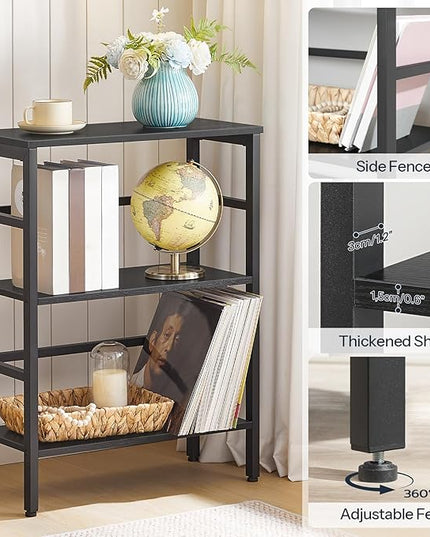 HOOBRO 3 Tier Bookshelf, Industrial Bookcase, Record Storage Rack with Side Fence, Wood Storage Shelf with Metal Frame, Rustic Open Display Shelf for Living Room, Bedroom, Black BB86CJ01 - LeafyLoom