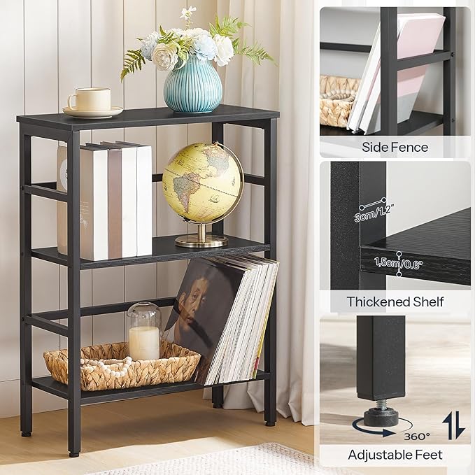 HOOBRO 3 Tier Bookshelf, Industrial Bookcase, Record Storage Rack with Side Fence, Wood Storage Shelf with Metal Frame, Rustic Open Display Shelf for Living Room, Bedroom, Black BB86CJ01 - LeafyLoom