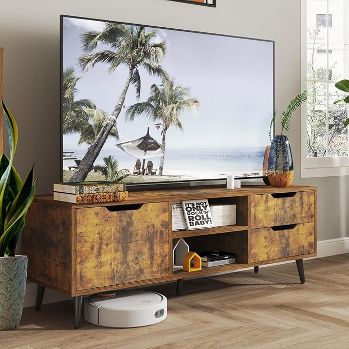 Maxtown TV Stands for Living Room, TV Console Table for 55 Inch TV, Entertainment Center with 1 Cabinet, 2 drawers, Media Console with Metal Feet for Bedroom, Living Room, Rustic Brown - LeafyLoom