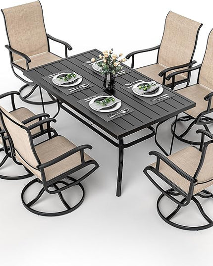 Pamapic 7 Pieces Patio Dining Set, Outdoor Dining Set for Garden Backyard Poolside Deck,Outdoor Table and Chairs Set with 6 Textilene Swivel Chairs,Beige - LeafyLoom