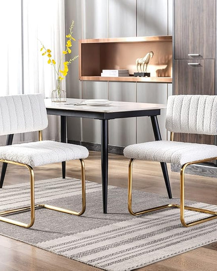 Zesthouse Mid Century Dining Chairs Set of 2, White Boucle Dining Room Chairs with Gold Legs, Upholstered Armless Accent Chairs Side Chairs for Living Room - LeafyLoom