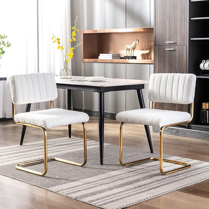 Zesthouse Mid Century Dining Chairs Set of 2, White Boucle Dining Room Chairs with Gold Legs, Upholstered Armless Accent Chairs Side Chairs for Living Room - LeafyLoom