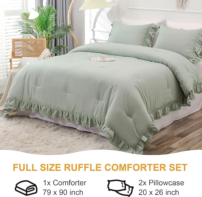 Sage Green Double Ruffle Comforter Set Full Size (79x90 Inch), 3 Pcs Farmhouse Vintage Comforter Set (1 Ruffled Comforter and 2 Pillowcase), Rustic All Season Down Alternative Bedding Set - LeafyLoom