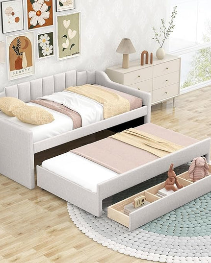 Merax Twin Size Upholstered Daybed with Trundle and Three Storage Drawers, Comfy Sofa-Bed & Padded Backrest for Living Room, Guest Room, Apartments, Both Side Armrests, Solid Wood Slats Support, Beige - LeafyLoom