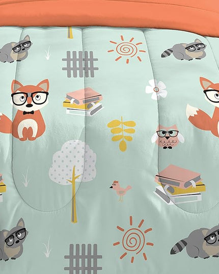 dream FACTORY Kids 5-Piece Complete Set Easy-Wash Super Soft Microfiber Comforter Bedding, Twin, Green Woodland Friends - LeafyLoom