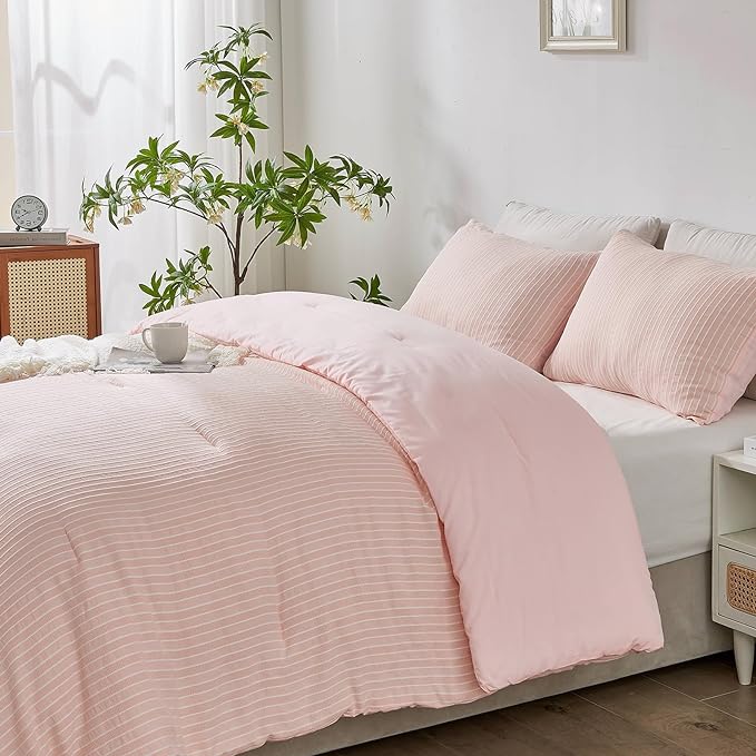 ENCOFT White and Pink Queen Size Comforter, 3 Pieces Textured Boho Striped Comforter for Queen Size Bed, Soft Microfiber All Seasons Girls Comforter Queen 90x90 Inches - LeafyLoom