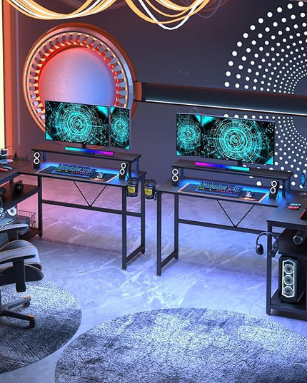 L Shaped Gaming Desk with Power Outlets & LED Strip Lights,Computer desk with Large Monitor Stand,Corner Desk with Storage Shelf,Headphone Hook&Cup Holder for Home Office - LeafyLoom