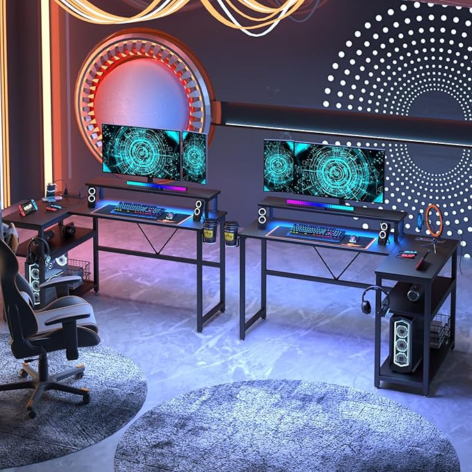 L Shaped Gaming Desk with Power Outlets & LED Strip Lights,Computer desk with Large Monitor Stand,Corner Desk with Storage Shelf,Headphone Hook&Cup Holder for Home Office - LeafyLoom