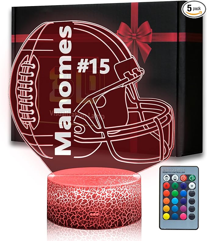 Kids Night Light Football 3D Optical Illusion Lamp with Remote Control 16 Colors Changing Mahomes Helmet Decor Birthday Xmas Valentine's Day Gift Idea for Kansas City Fan Boys Girls - LeafyLoom