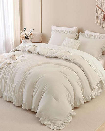 Andency Beige Comforter Set Full Size, 3 Pieces Solid Ruffle Vintage Rustic Soft Bedding Comforter Sets, All Season Lightweight Fluffy Soft Microfiber Bedding Set (79x90 Comforter & 2 Pillowcases) - LeafyLoom