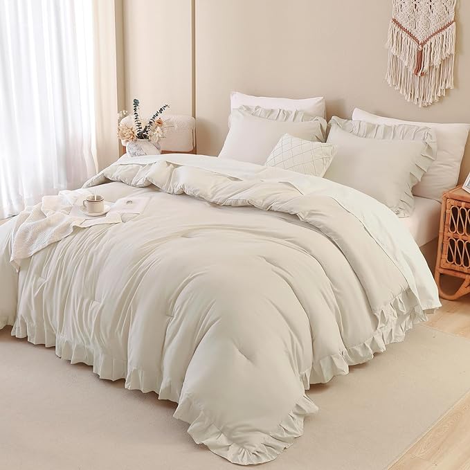 Andency Beige Comforter Set Full Size, 3 Pieces Solid Ruffle Vintage Rustic Soft Bedding Comforter Sets, All Season Lightweight Fluffy Soft Microfiber Bedding Set (79x90 Comforter & 2 Pillowcases) - LeafyLoom