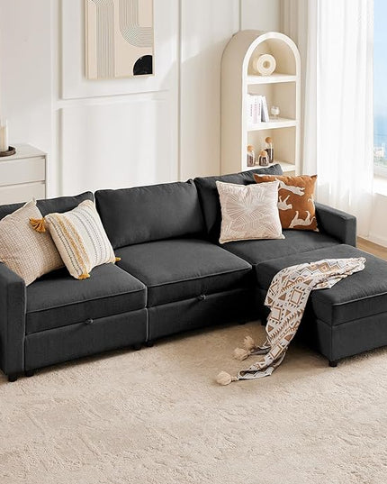 Sweetcrispy Convertible Sectional Sofa Couch, 4 Seat Sofa Set with Storage for Living Room, L-Shaped Modern Modular Sofa Sleeper with Ottoman, Comfy Sofa Couch with Extra Deep Seats, Grey - LeafyLoom