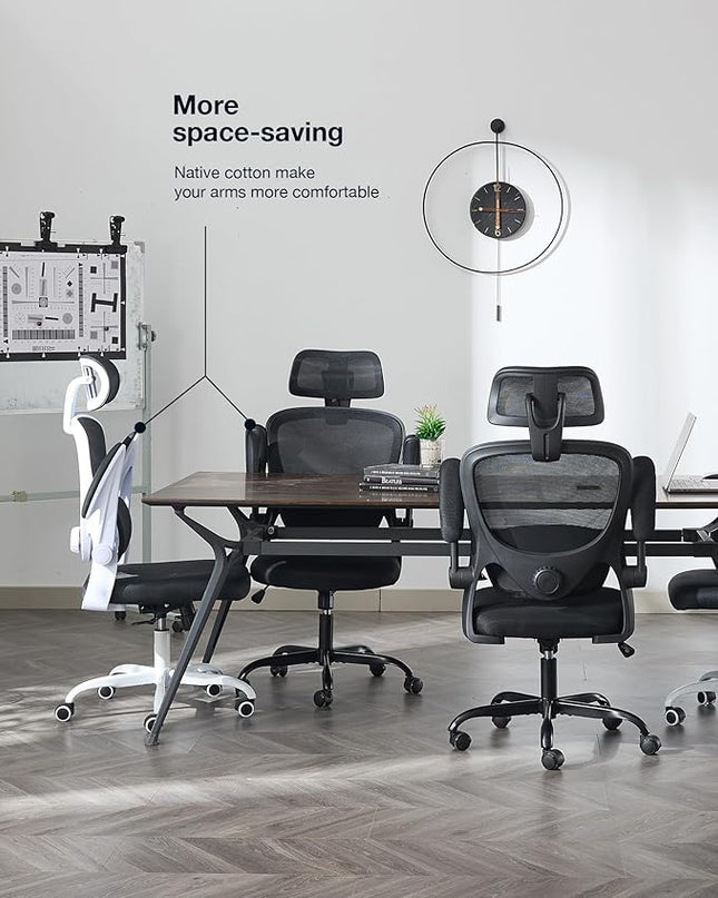 Ergonomic Office Chair with Tilt-Lock, Home Office Desk Chair with Auto Lumbar Support, High Back Mesh Desk Chair with Adjustable Headrest, Swivel Task Chair or Study Room Bedroom,White - LeafyLoom