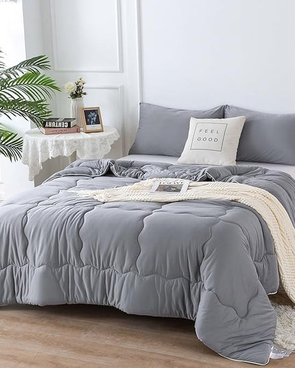 COTTEBED Ultra-Soft Comforter Set Queen/Full Size Bed, Jersey Knit T-Shirt Feeling Fluffy Cozy Comy Durable Lightweight Quilt Bedding Down Blanket & 2 Pillowcase for All Season Use, Dark Grey - LeafyLoom