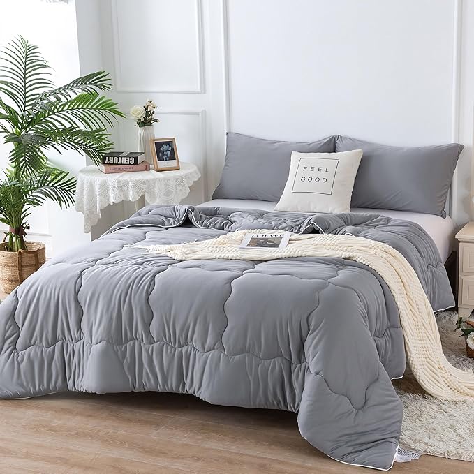 COTTEBED Ultra-Soft Comforter Set Queen/Full Size Bed, Jersey Knit T-Shirt Feeling Fluffy Cozy Comy Durable Lightweight Quilt Bedding Down Blanket & 2 Pillowcase for All Season Use, Dark Grey - LeafyLoom